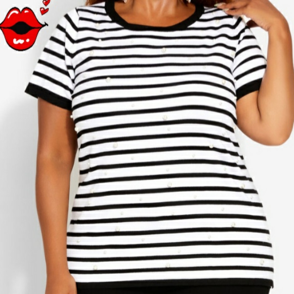 NWT Ashley Stewart Pearl Striped Short Sleeved Sweater Size 26